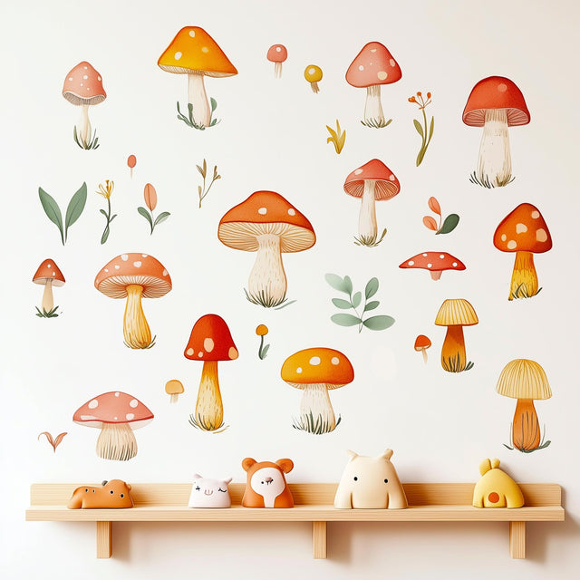 Colorful mushroom wall decals in a nursery, featuring whimsical designs and delicate foliage for playful decor.