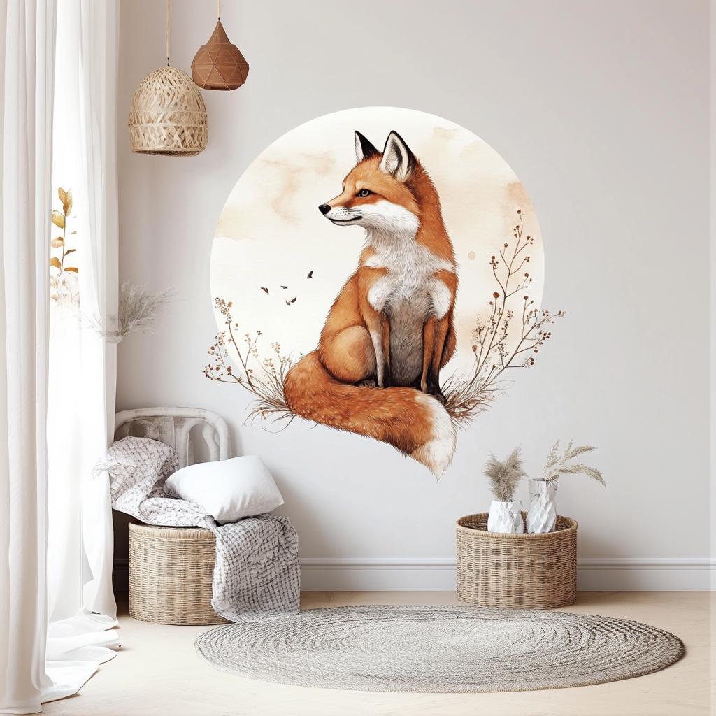 Elegant fox wall decal in a serene nursery with natural decor and soft colors.