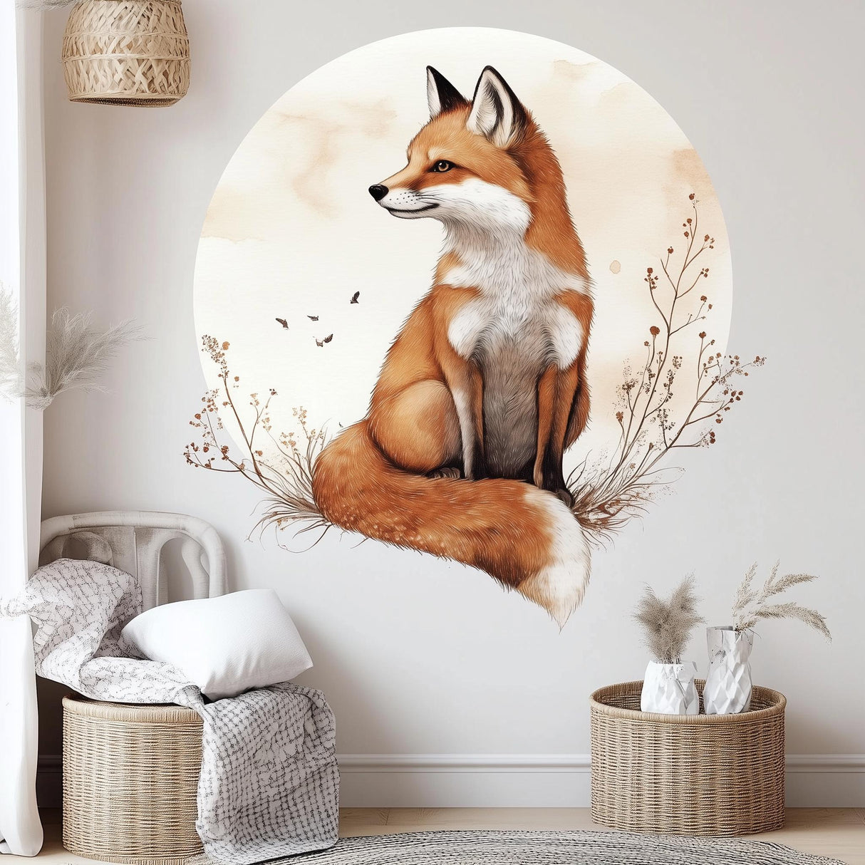 Elegant fox wall decal in a nursery, featuring a serene forest design and soft colors for children's room decor.