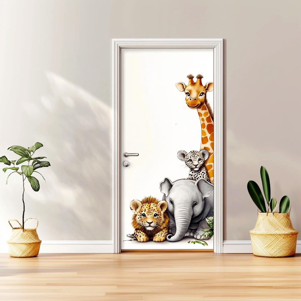 Jungle Animal Door Sticker | Baby Giraffe, Lion, Elephant, Leopard Wall Decal | Cute Animal Door Art for Nursery Kids Room Vinyl Sticker