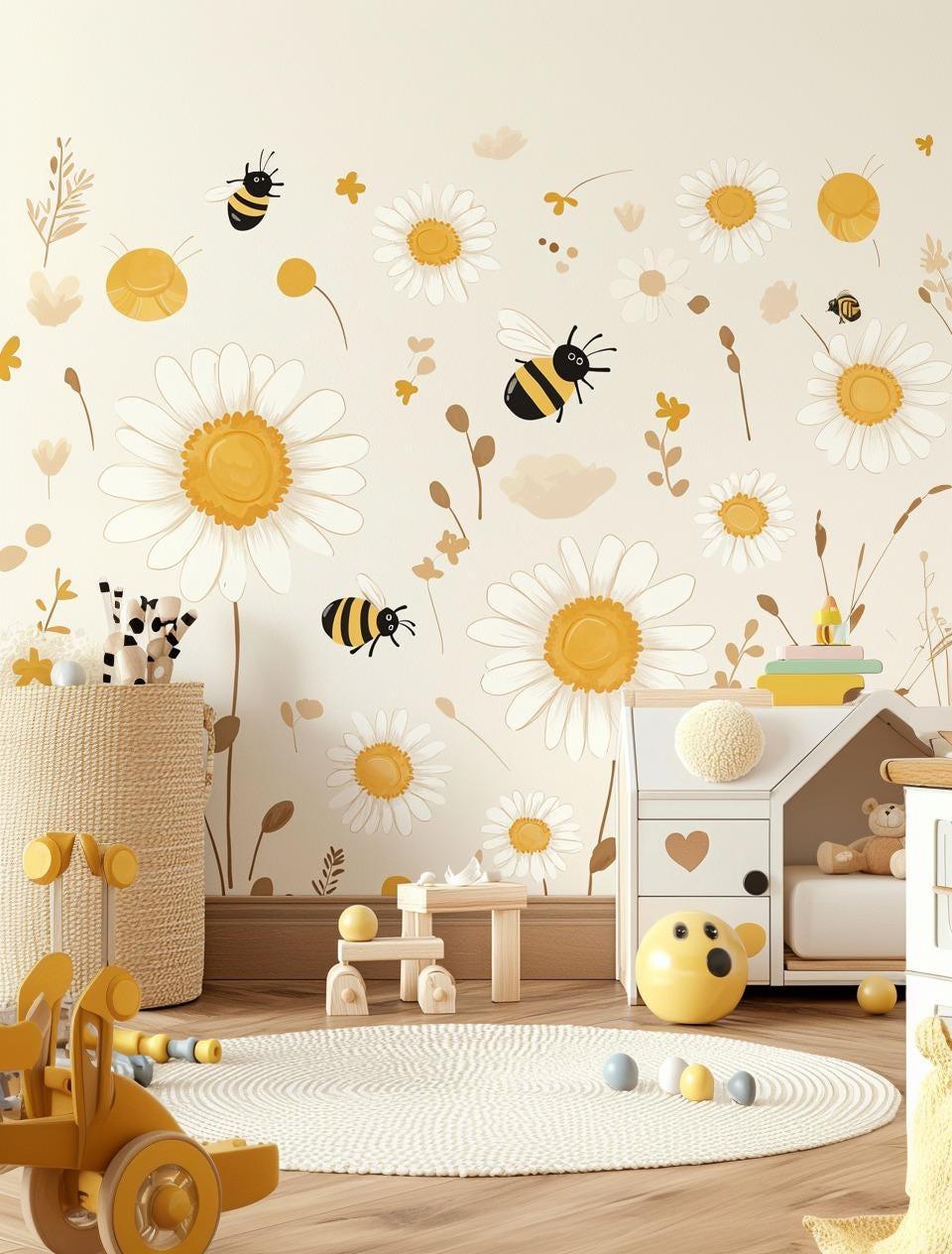 Colorful nursery featuring Daisy and Bee wall decals with cheerful daisies and buzzing bees.