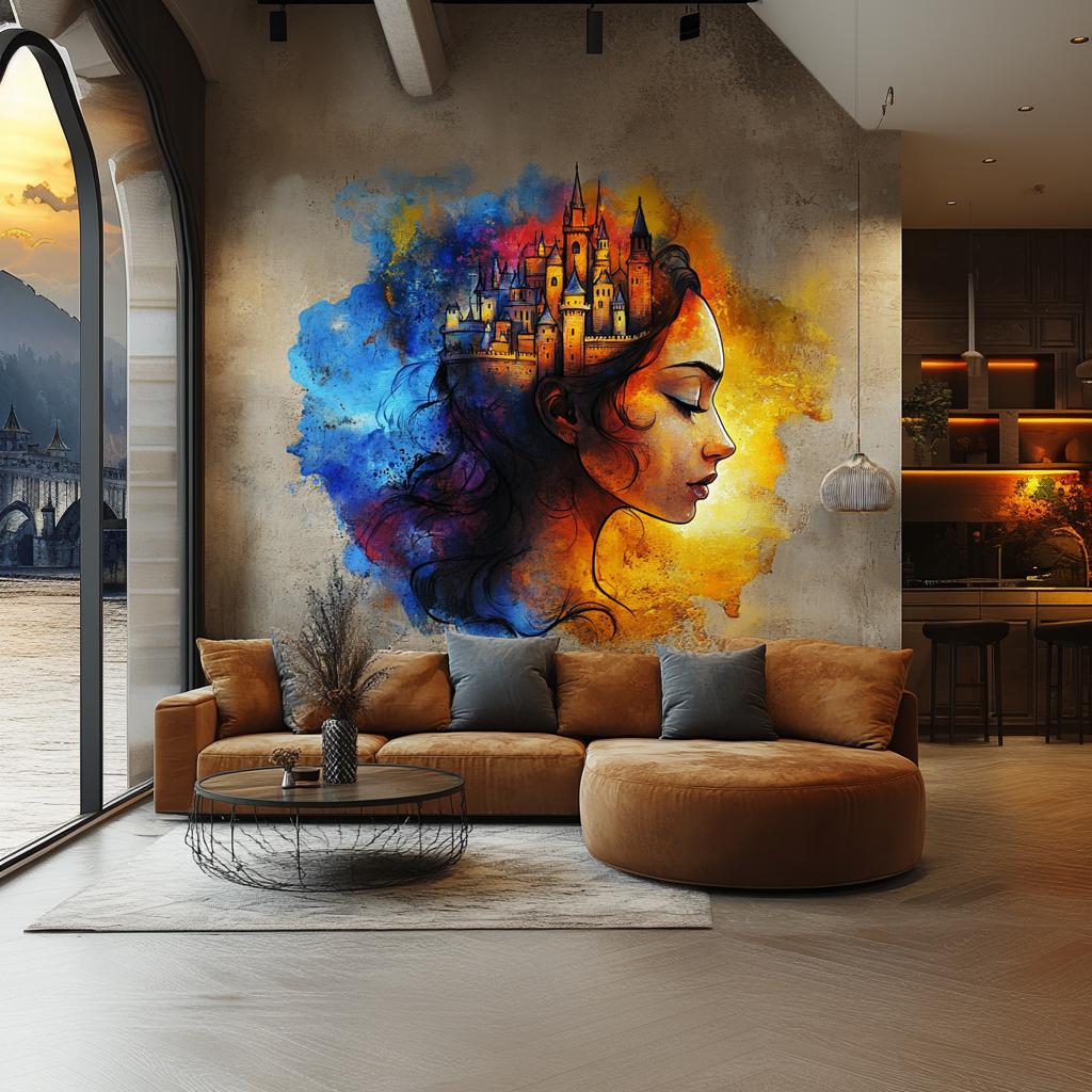 Fantasy Castle Wall Art Sticker - Vibrant Woman Portrait Vinyl Decal for Living Room, Bedroom, or Office