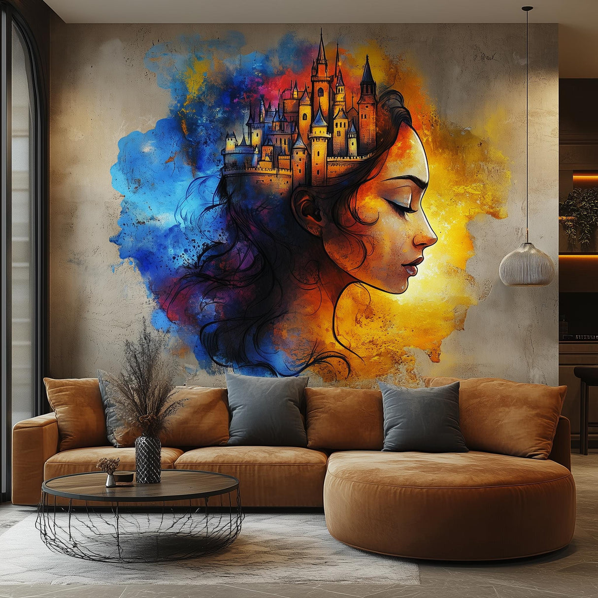 Fantasy Castle Wall Art Sticker - Vibrant Woman Portrait Vinyl Decal for Living Room, Bedroom, or Office