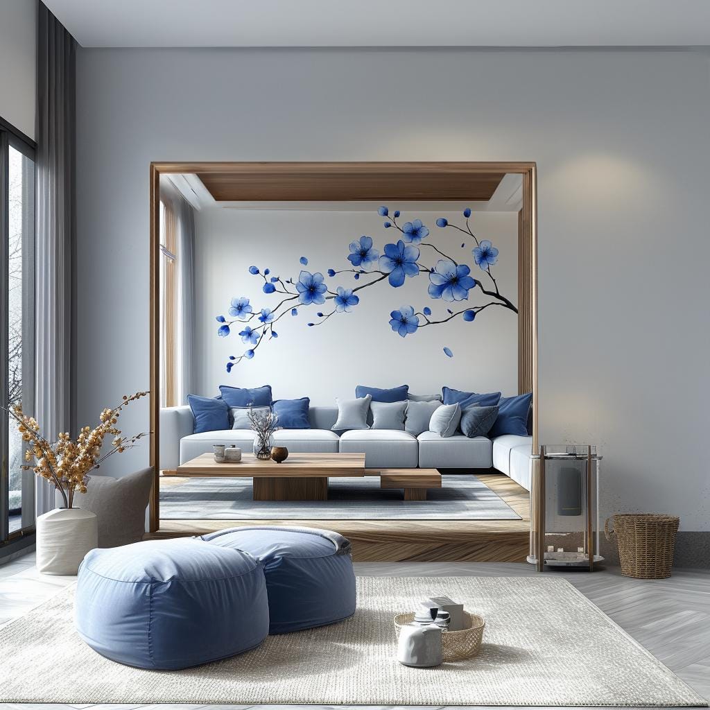 Stylish living room with blue flower branch wall decal, enhancing modern décor with nature-inspired elegance.
