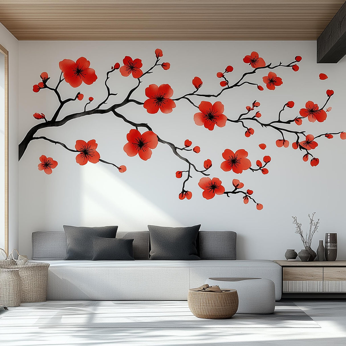 Red flower branch wall decal in a modern living room, adding vibrant nature art to the decor.