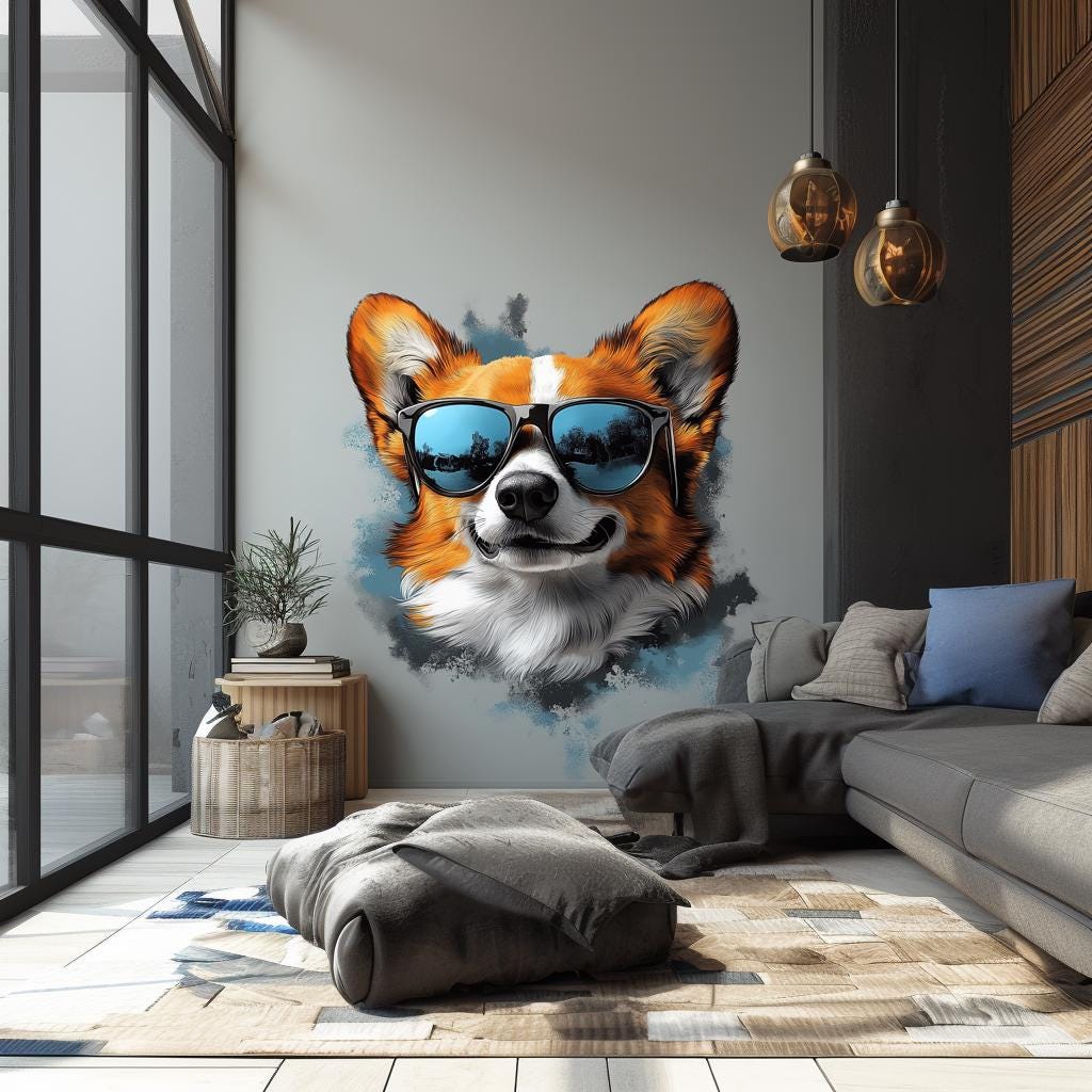 Corgi with Sunglasses Wall Decal | Cool Dog Wall Art | Removable Animal Wall Sticker | Fun Puppy Themed Room Decor for Kids, Living Room