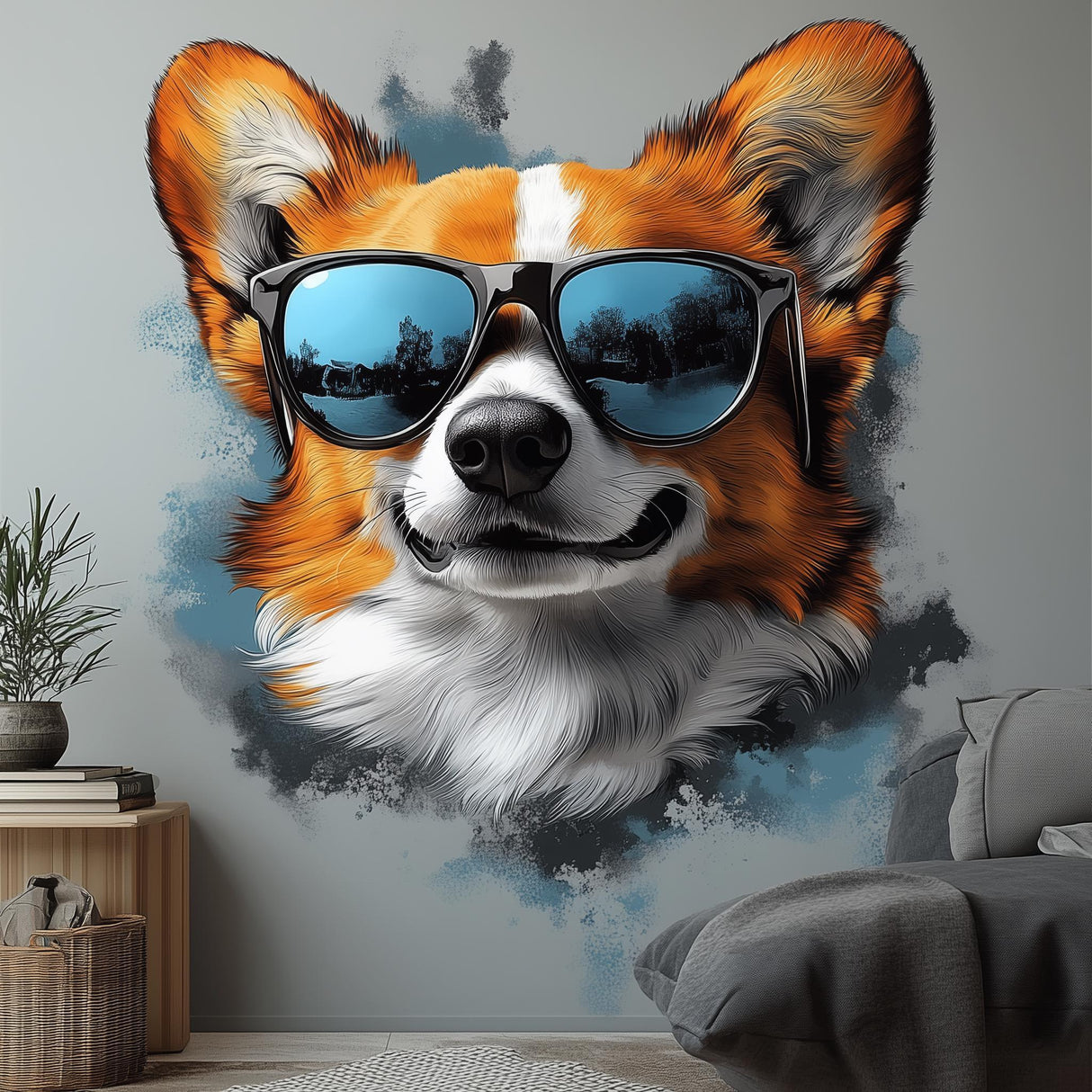 Corgi wall decal wearing sunglasses, adding a fun vibe to kids' rooms or living spaces.