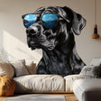 Stylish black dog wall decal with sunglasses, perfect for modern room decor and pet lovers.