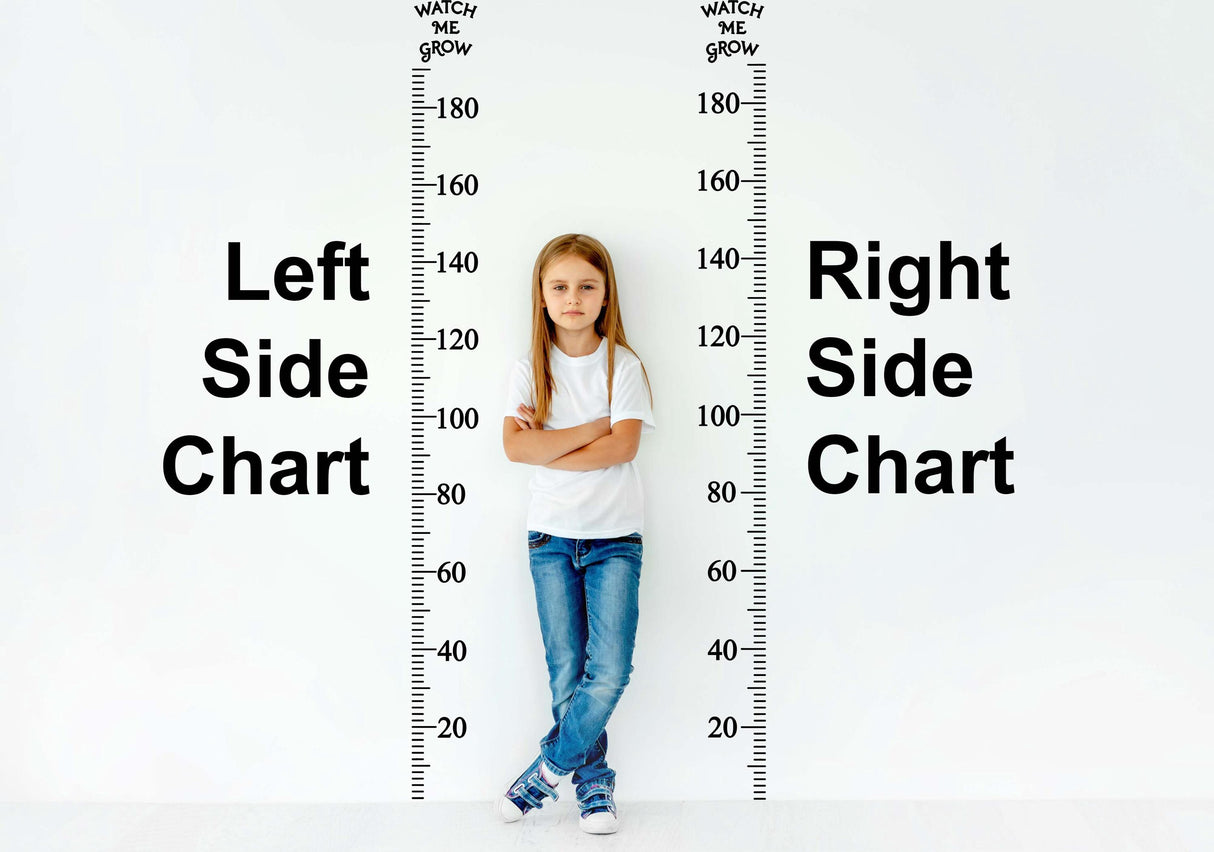 Child standing between growth chart rulers measuring up to 180 cm, showcasing playful height tracking in a kids' room.