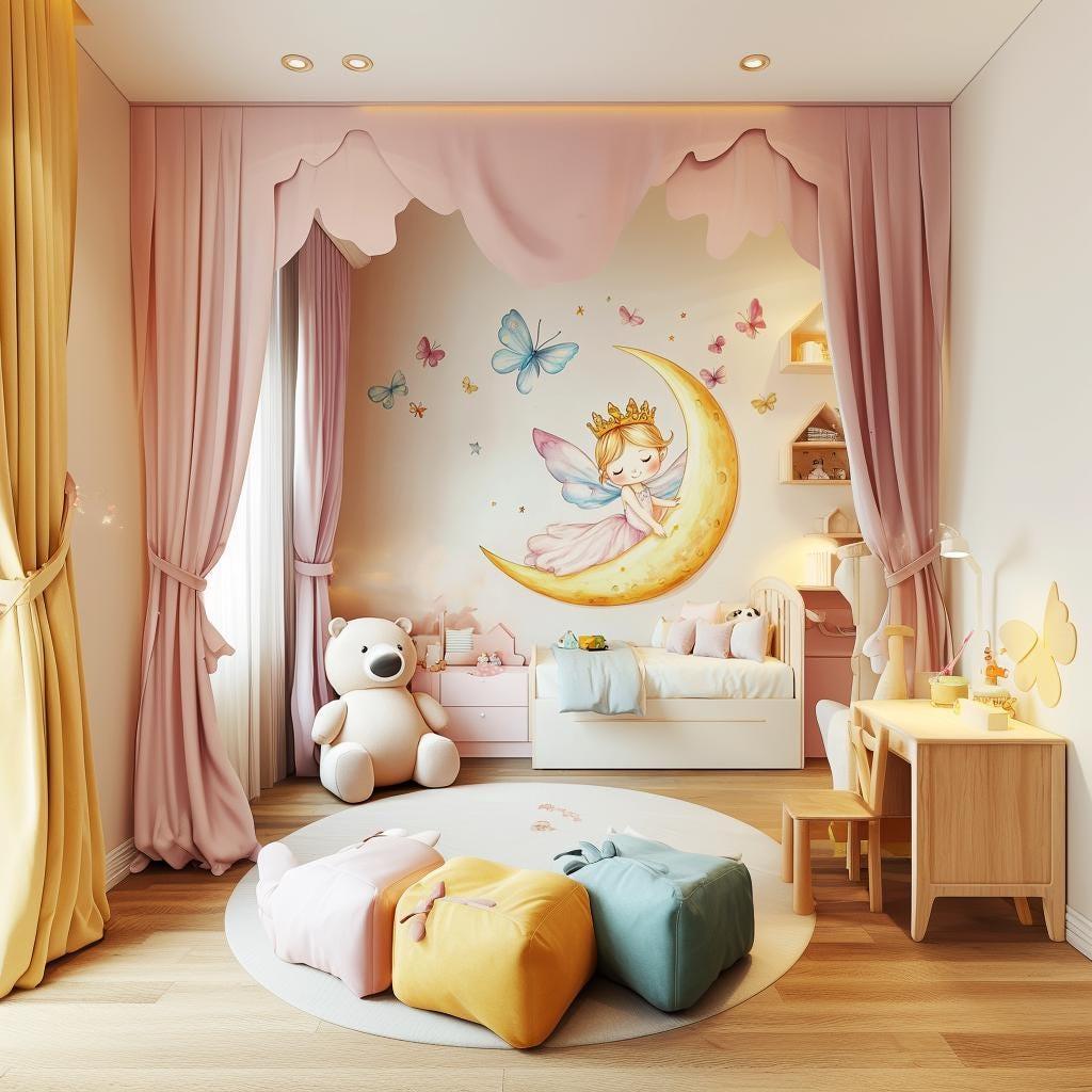 Enchanting nursery with Fairy Princess on the Moon wall decal, pastel decor, butterflies, and cozy play area.