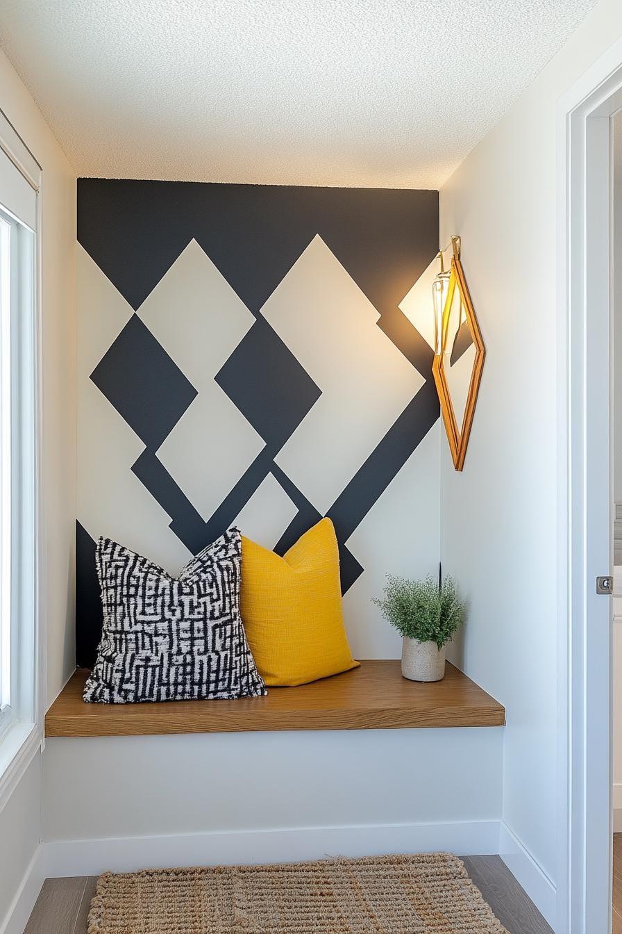 Stylish geometric wall decal in a cozy hallway with a cushioned bench and decorative pillows.