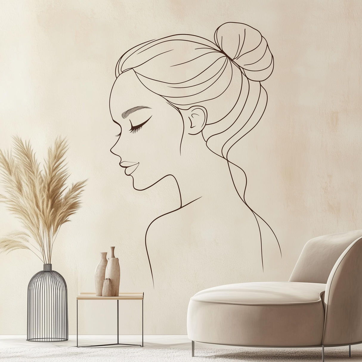 Elegant minimalist line art wall decal of a woman's profile, perfect for modern home decor.