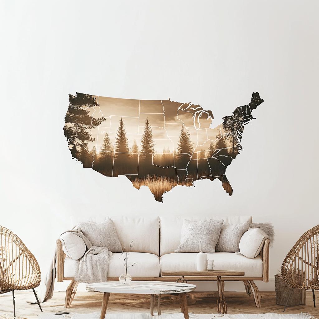 USA map wall decal featuring a scenic landscape and pine trees, perfect for living room decor.
