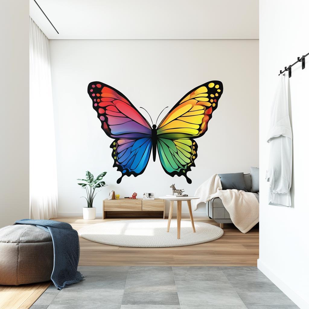 Large rainbow butterfly wall decal in a bright room, adding colorful decor to kids' space or living room.