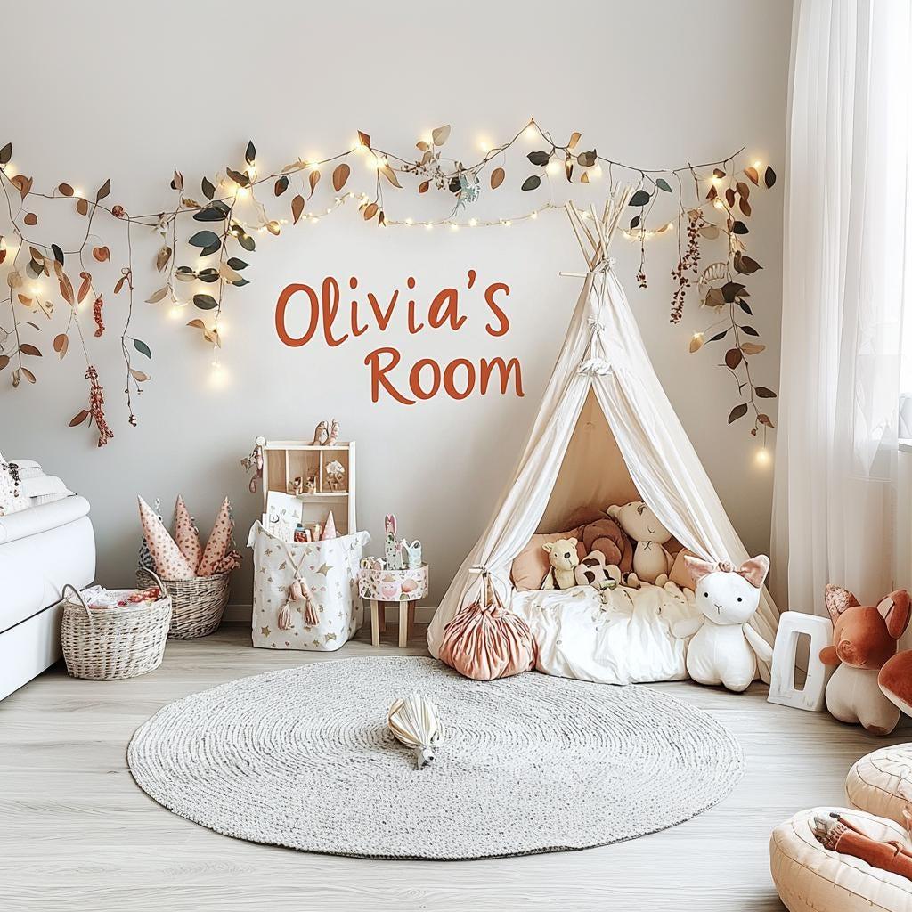 Personalized wall decal in a cozy kids' room, featuring 'Olivia's Room' above a play tent and plush toys.