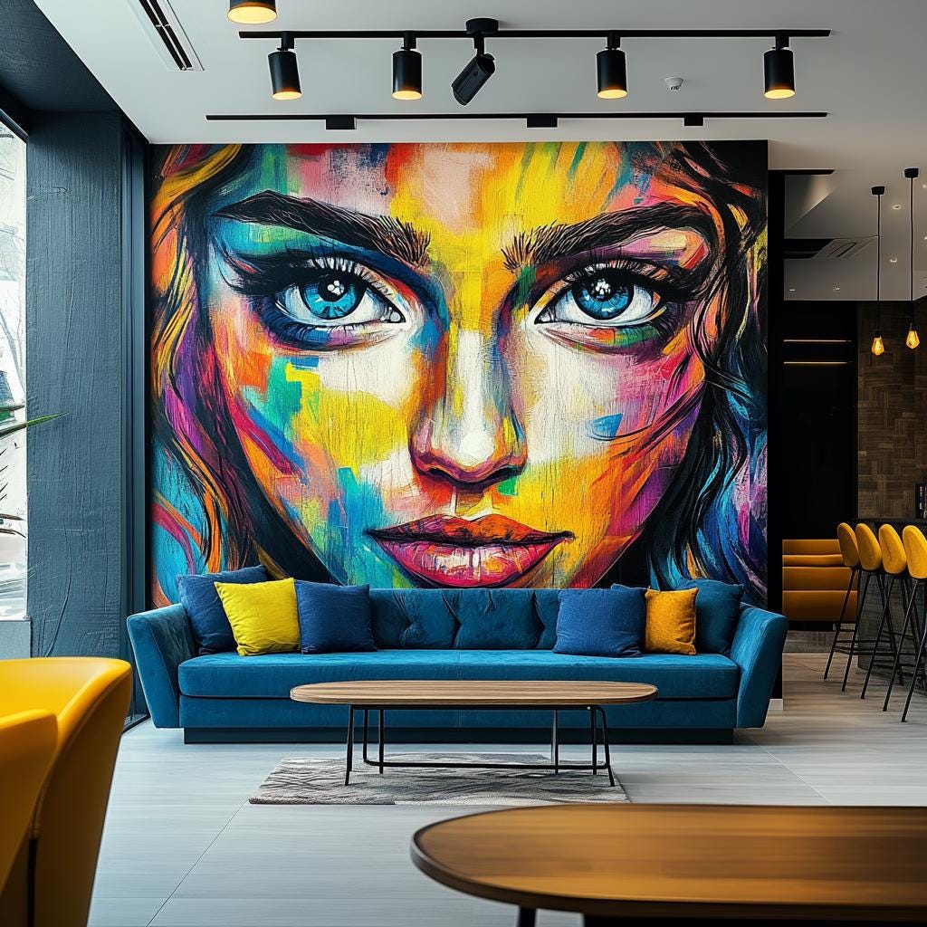 Vibrant Abstract Woman's Face Wallpaper Sticker | Large Wall Mural | Peel and Stick Vinyl Art Decal for Living Room, Office, or Lobby Decor