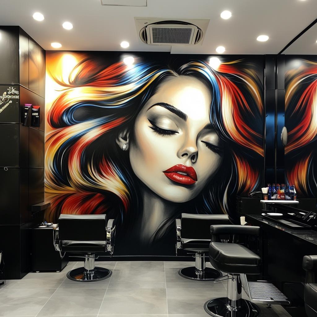 Bold woman's portrait mural on salon wall, featuring vibrant hair colors and striking makeup for modern decor.