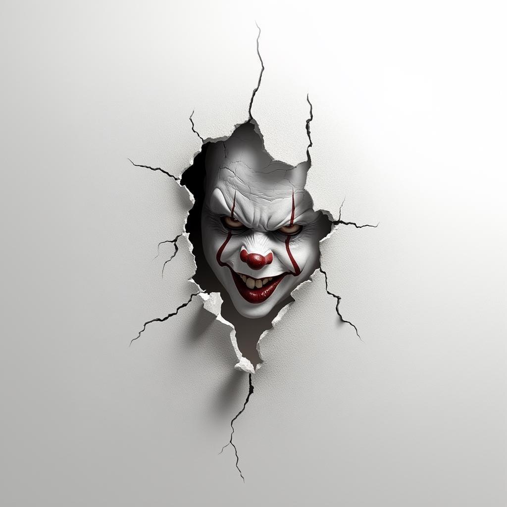 3D Evil Clown wall sticker with a menacing expression breaking through a cracked wall, perfect for Halloween decor.