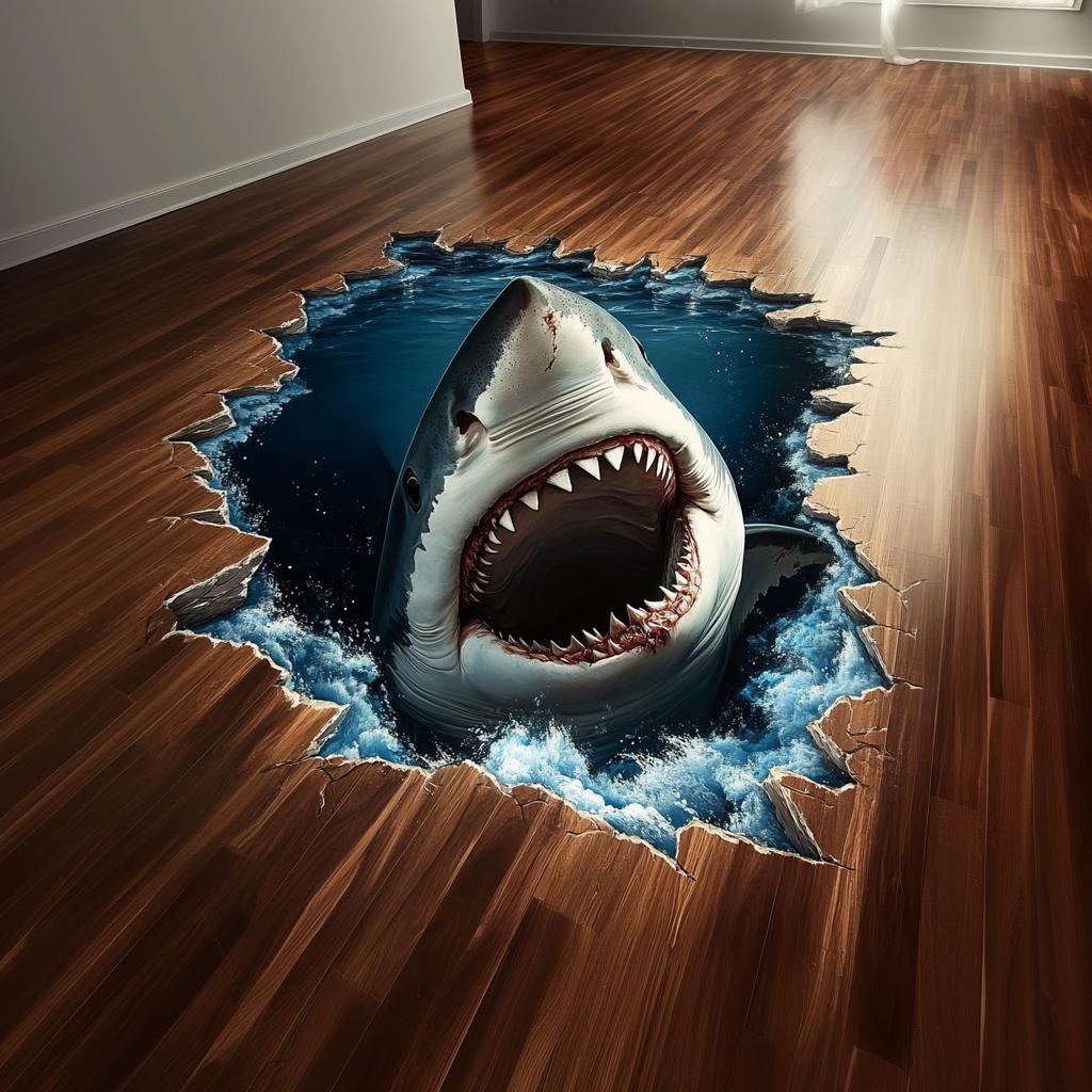 3D Shark Floor Sticker | Realistic Shark Vinyl Floor Decal | Shark Breakthrough Ocean Floor Art | Peel and Stick Vinyl Flooring Decoration