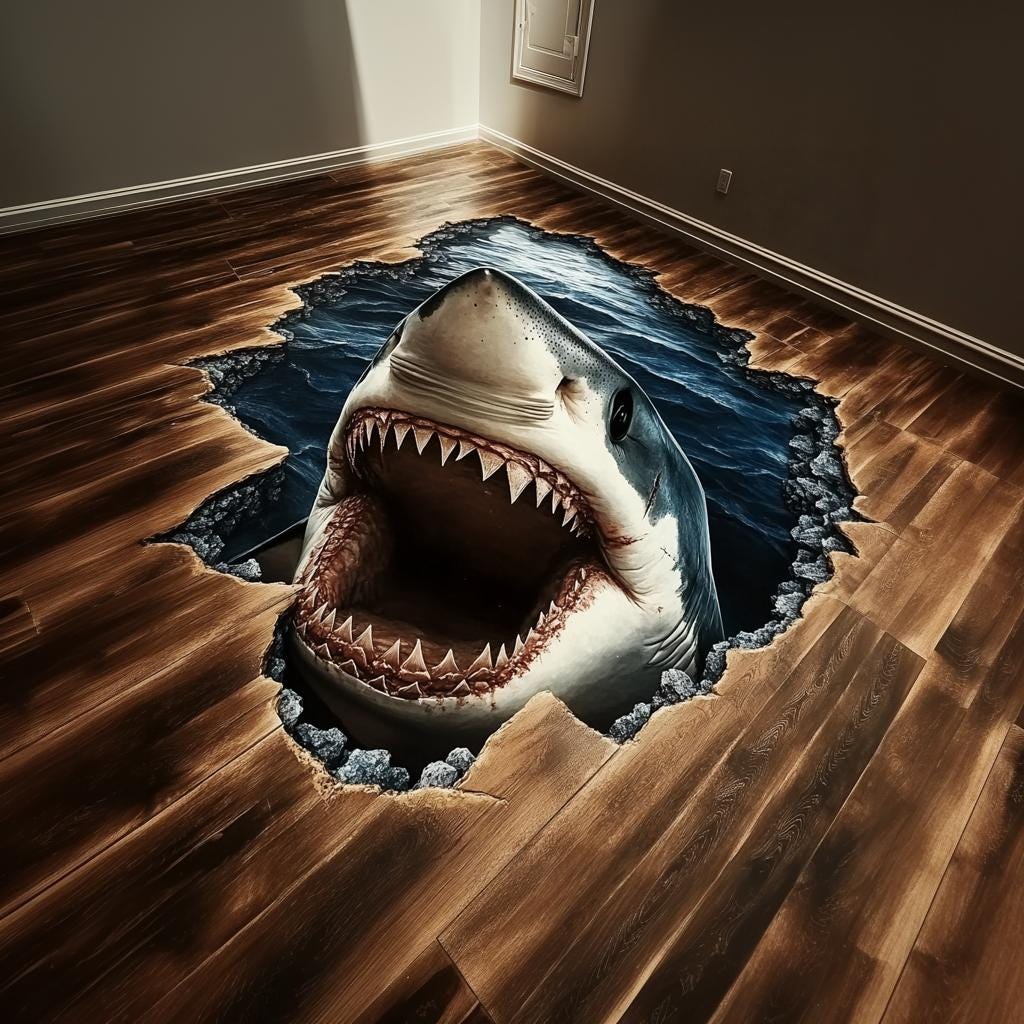 3D Shark Floor Sticker - Realistic Vinyl Decal for Floors | Large Great White Shark Design | Unique Floor Decor for Home, Office, Kids Rooms