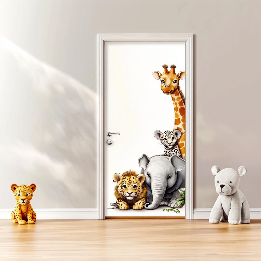 Jungle animal door sticker featuring a giraffe, lion, elephant, and leopard, perfect for a child's nursery or playroom.