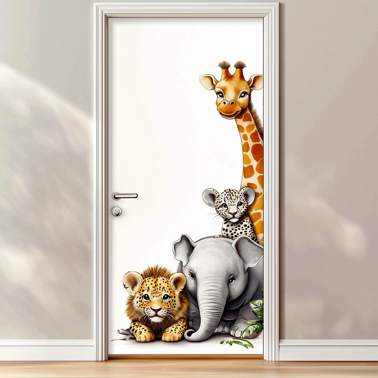 Cute jungle animal door sticker with giraffe, lion, leopard, and elephant for nursery decor.