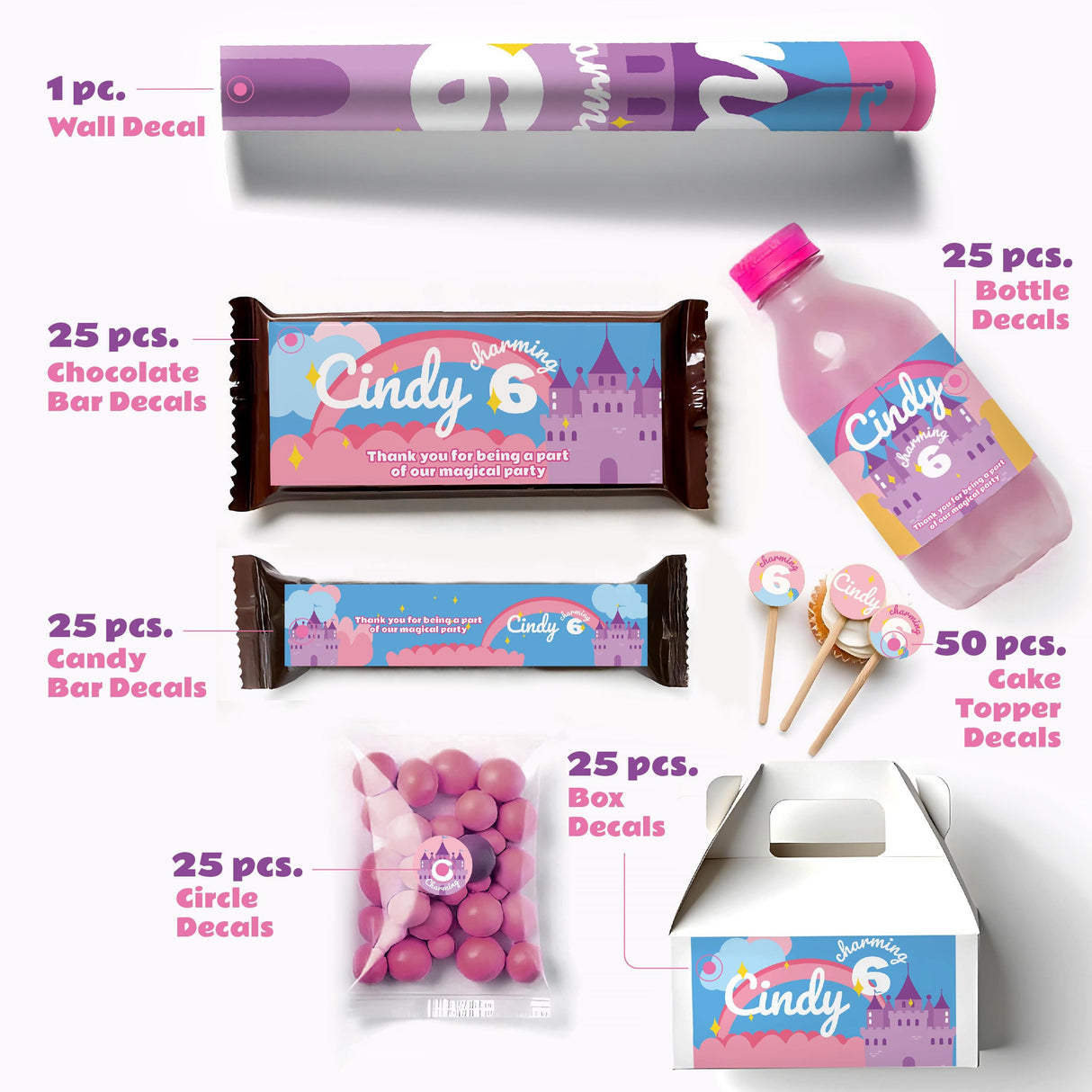 Personalized kids birthday sticker set featuring wall decal, chocolate bars, bottle labels, and party decorations.