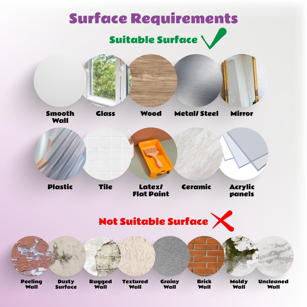 A chart showing suitable and unsuitable surfaces for applying stickers, including images of smooth, glass, and dusty surfaces.