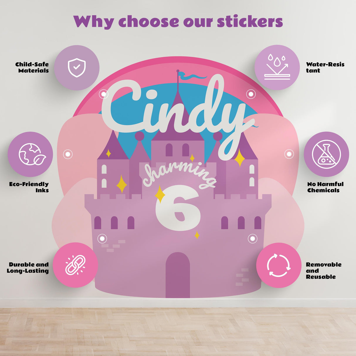 Personalized kids birthday sticker set highlighting benefits like eco-friendly materials and durability.