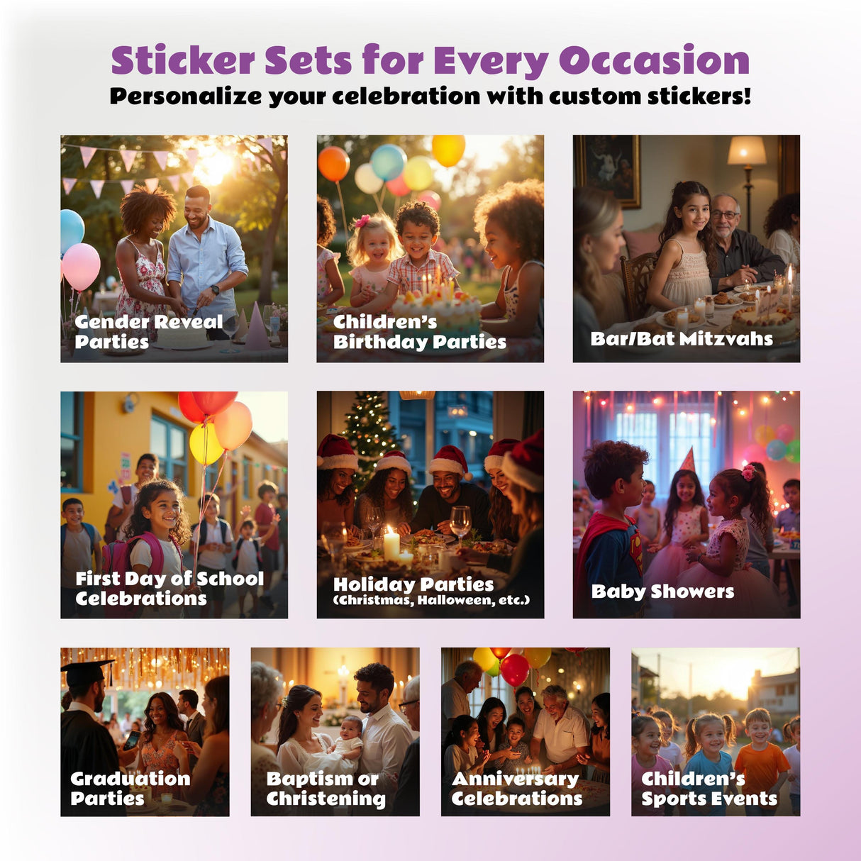 Various party themes showcasing personalized sticker sets for occasions like birthdays and graduations.
