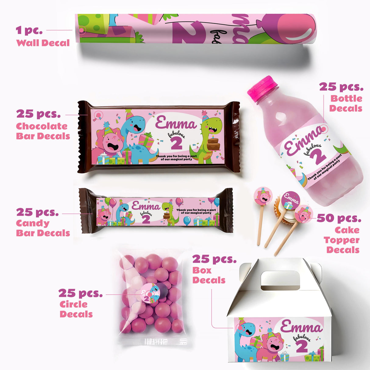 Dinosaur themed personalized birthday sticker set for kids, including wall, chocolate, bottle, candy bar, and cake topper decals.