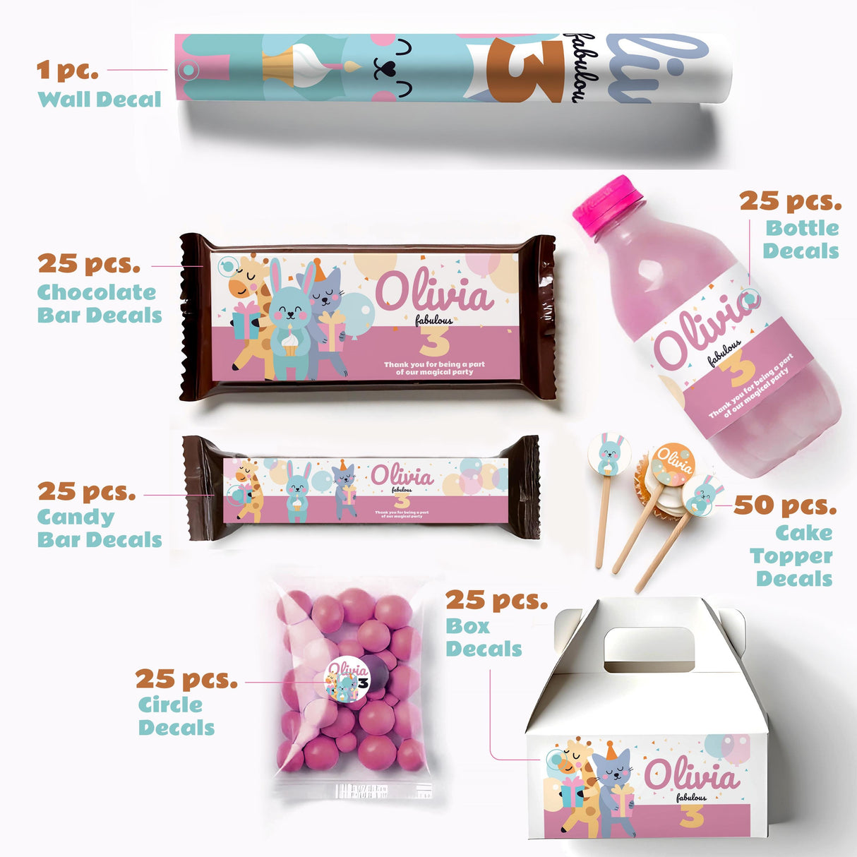 Personalized animal-themed birthday decal set showcasing wall, bottle, candy, and box decals for kids.