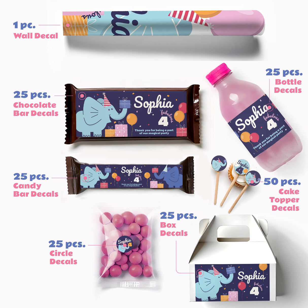 Personalized elephant birthday party decal set including wall decal, bottle, chocolate, candy bar, box, and cake topper decals.