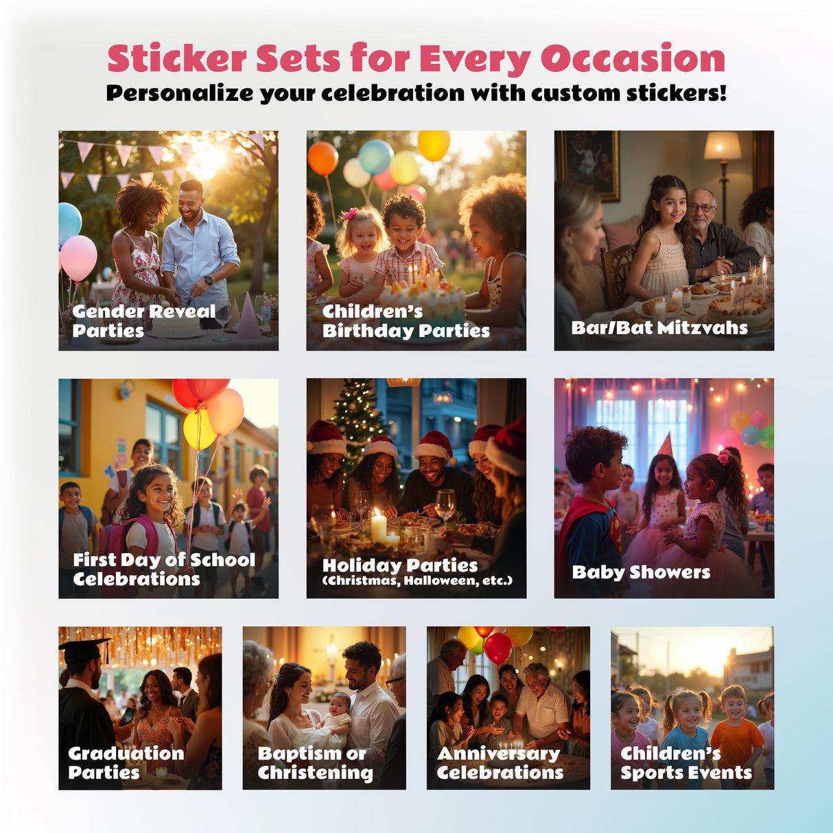 Variety of sticker sets for occasions like birthday parties, baby showers, graduations, and more, showcasing joyful celebrations.