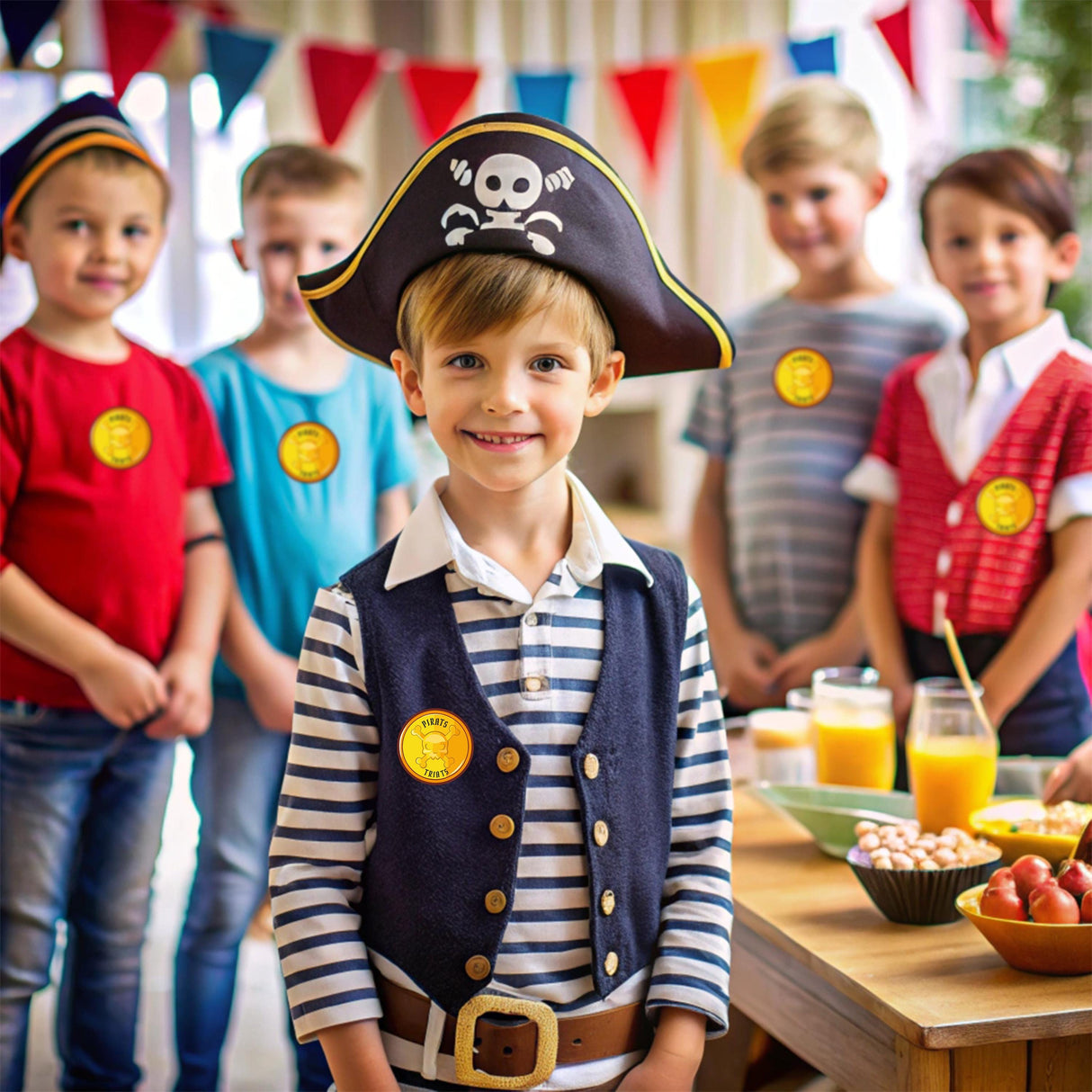 Group of kids in pirate costumes celebrating a birthday party with fun decorations and snacks.