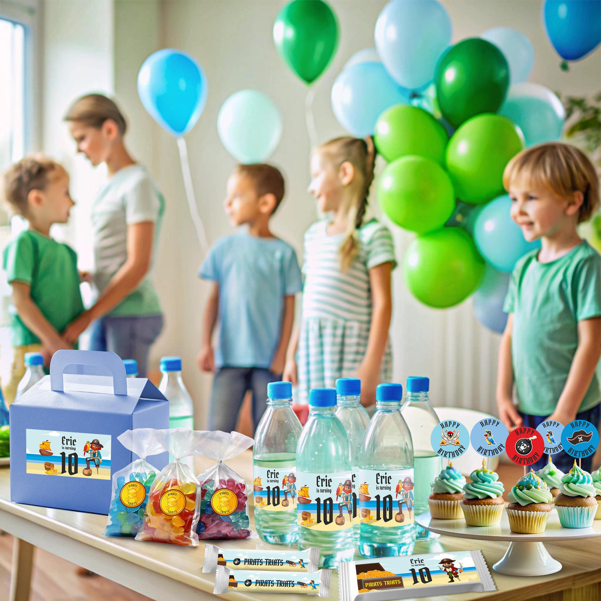 Pirate birthday party setup featuring personalized decals on drinks and favors, with children and colorful balloons.