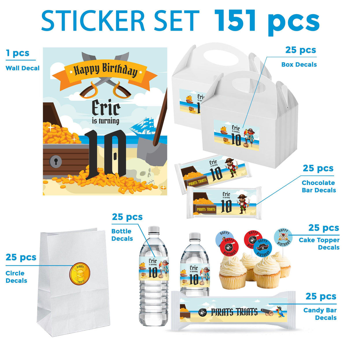 Pirate birthday party decal set with personalized stickers for boxes, drinks, and cakes featuring treasure theme and child's name.