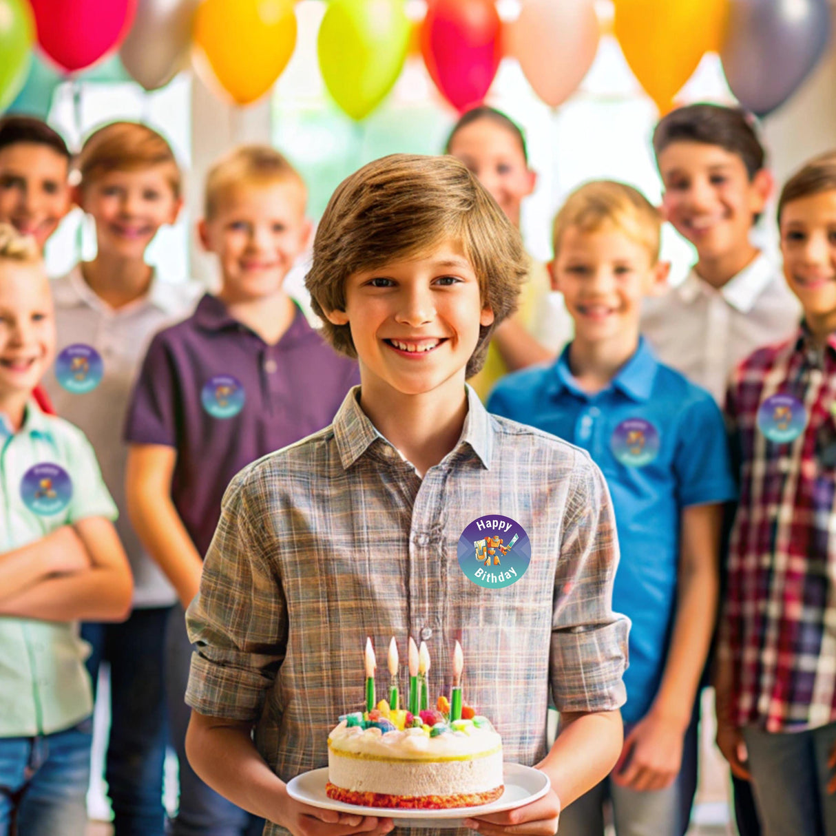 Happy birthday boy holding a cake with candles, surrounded by friends at a colorful party.