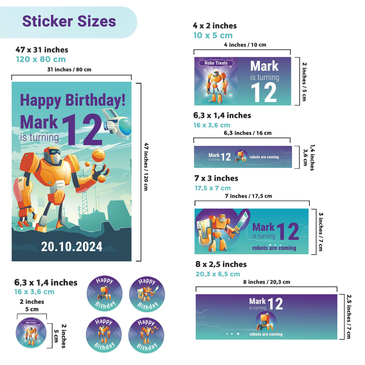 Sizes and designs of customizable robot birthday decals for kids' parties, featuring labels and stickers.