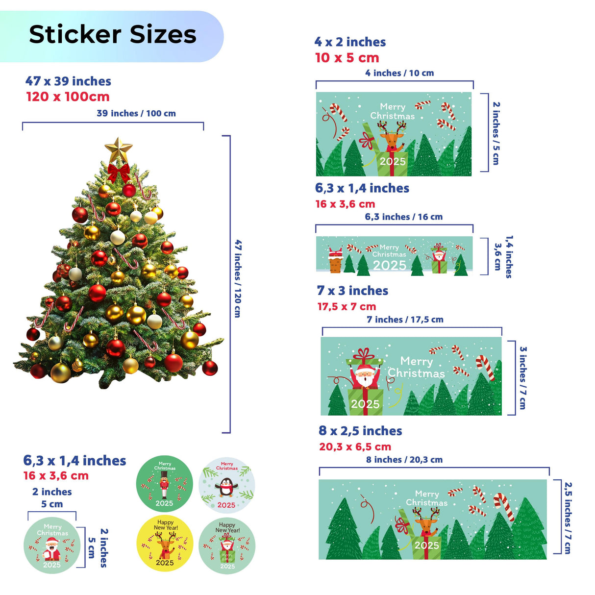 Image showing size chart for Christmas Wish Tree Sticker Set, including dimensions for various stickers and the tree decal.