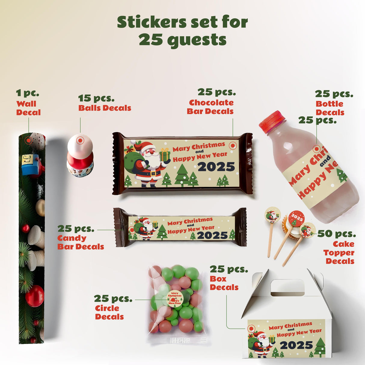 Christmas sticker set for 25 guests featuring wall, bottle, chocolate, and candy bar decals.