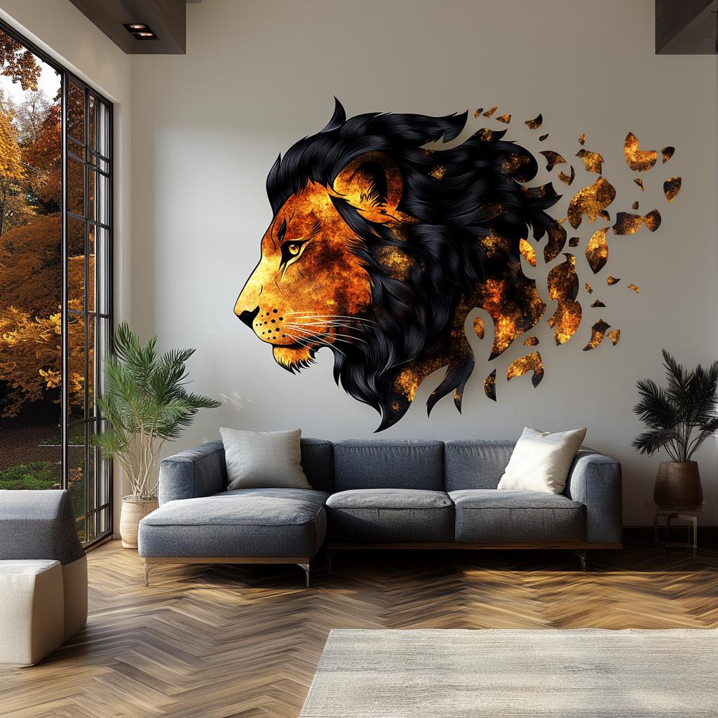 Fiery Lion Wall Decal | Abstract 3D Lion Mural Art | Bold Animal Wall Sticker Decor for Living Room, Office, Bedroom, Unique Safari Accent