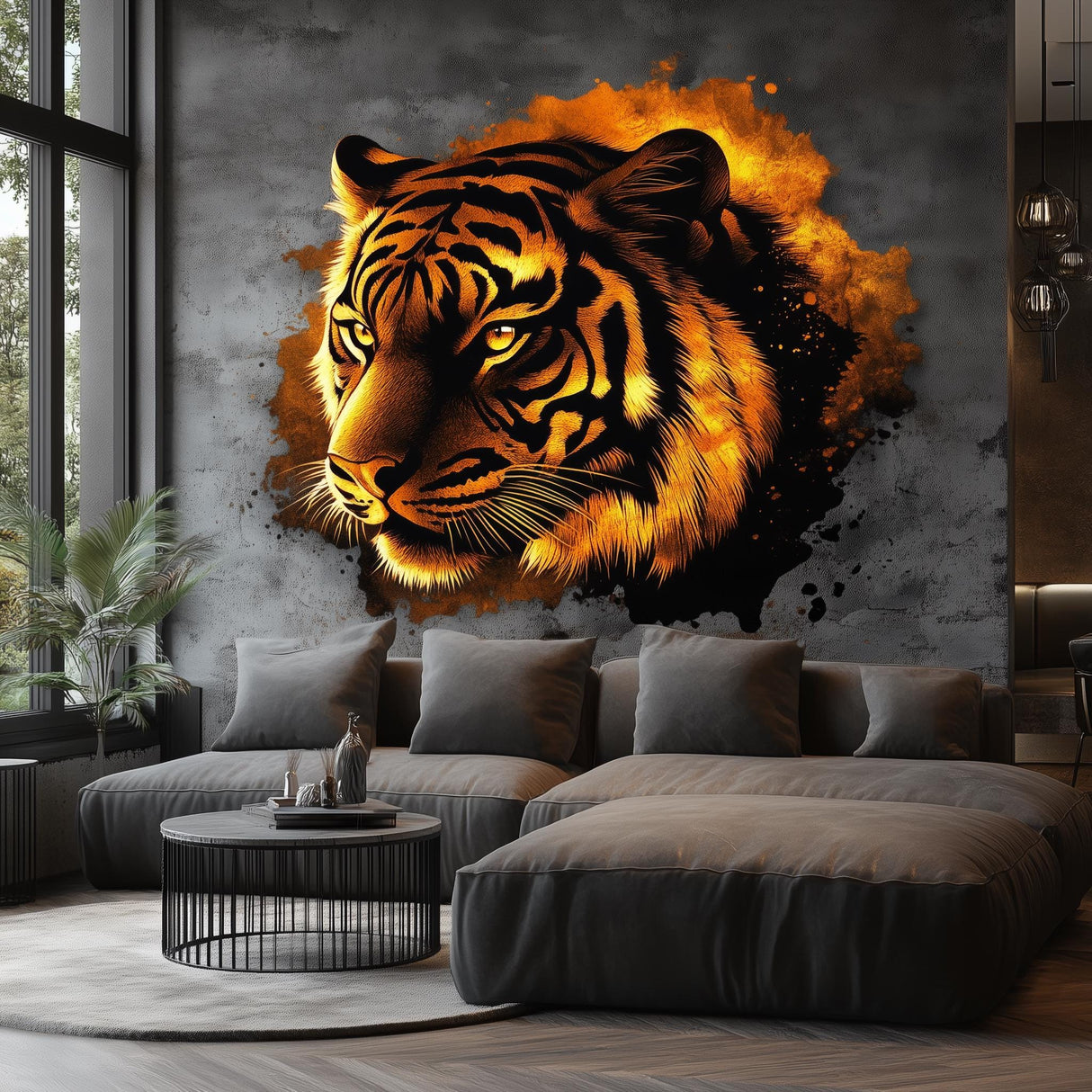 Fiery Tiger Wall Sticker Decal | Bold 3D Tiger Mural Art | Intense Animal Wall Decor for Living Room, Office, Bedroom, Safari Accent
