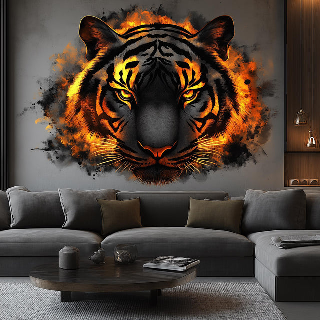 Angry tiger wall decal featuring a fiery 3D tiger face mural, enhancing a modern living room decor.