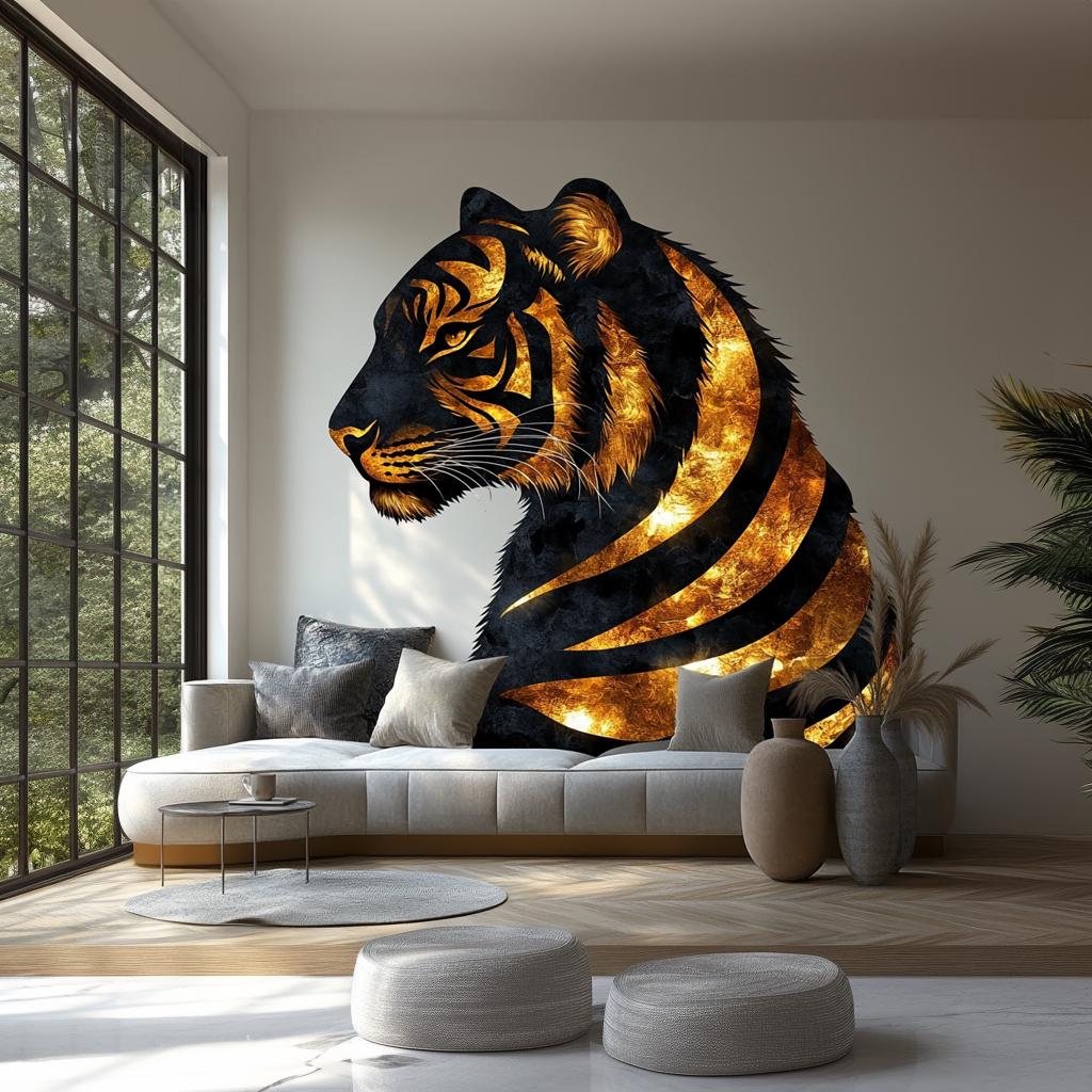 Golden Tiger Wall Sticker Decal | Regal 3D Tiger Mural Art | Elegant Animal Wall Decor for Living Room, Office, Bedroom, Nature Accent
