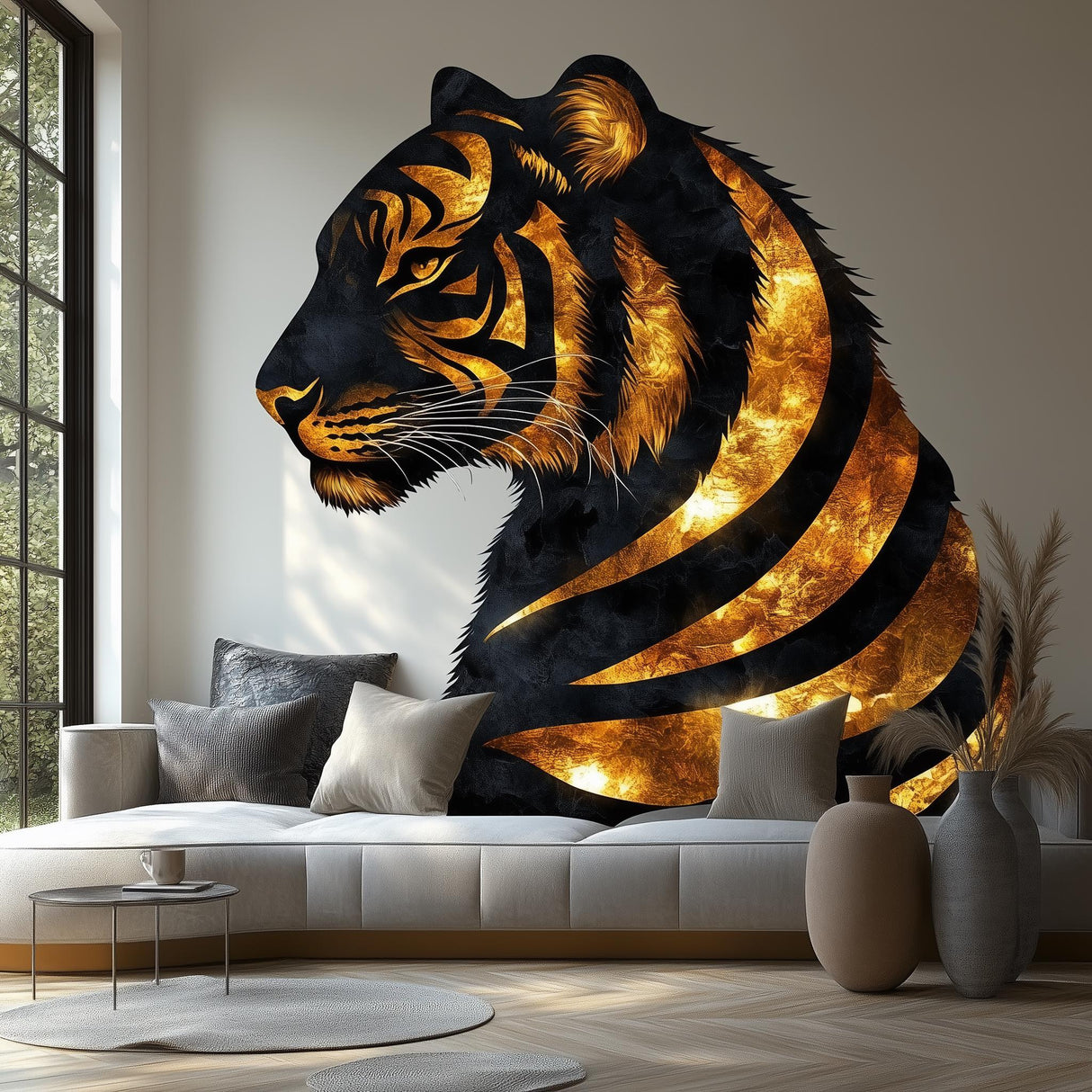 Golden Tiger Wall Sticker Decal | Regal 3D Tiger Mural Art | Elegant Animal Wall Decor for Living Room, Office, Bedroom, Nature Accent