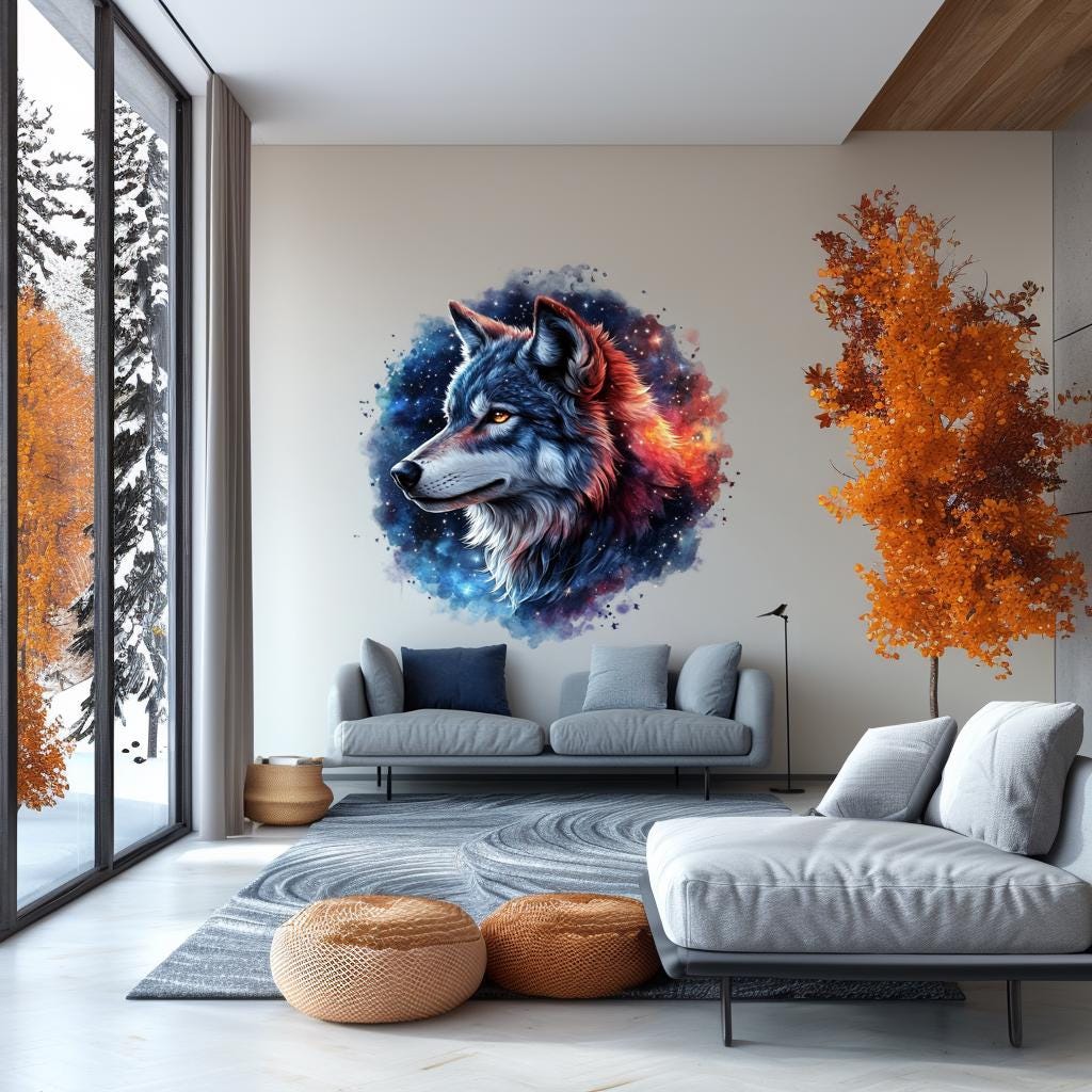 Celestial Wolf Wall Decal | 3D Cosmic Wolf Mural Art | Mystical Animal Wall Sticker Decor for Living Room, Bedroom, Nature-Inspired Accent