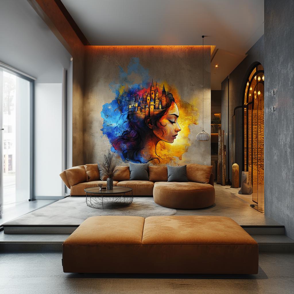 Fantasy castle wall art sticker featuring a vibrant woman portrait in a modern living room setting.