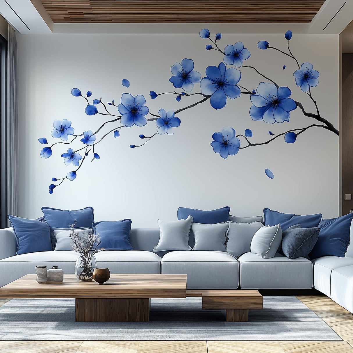 Blue flower branch wall decal in modern living room, adding elegance and nature-inspired décor.