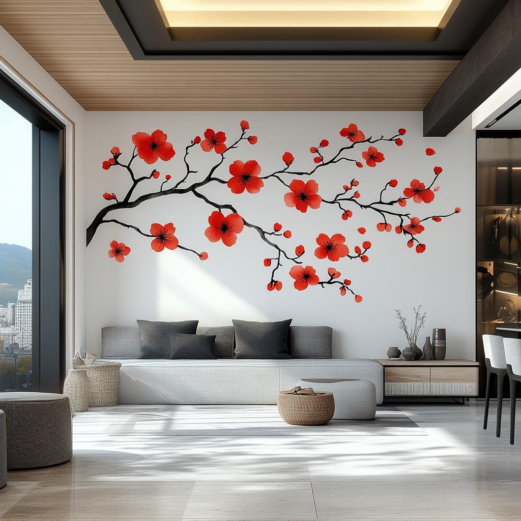 Large red flower branch wall decal in modern living room, adding vibrant nature decor.